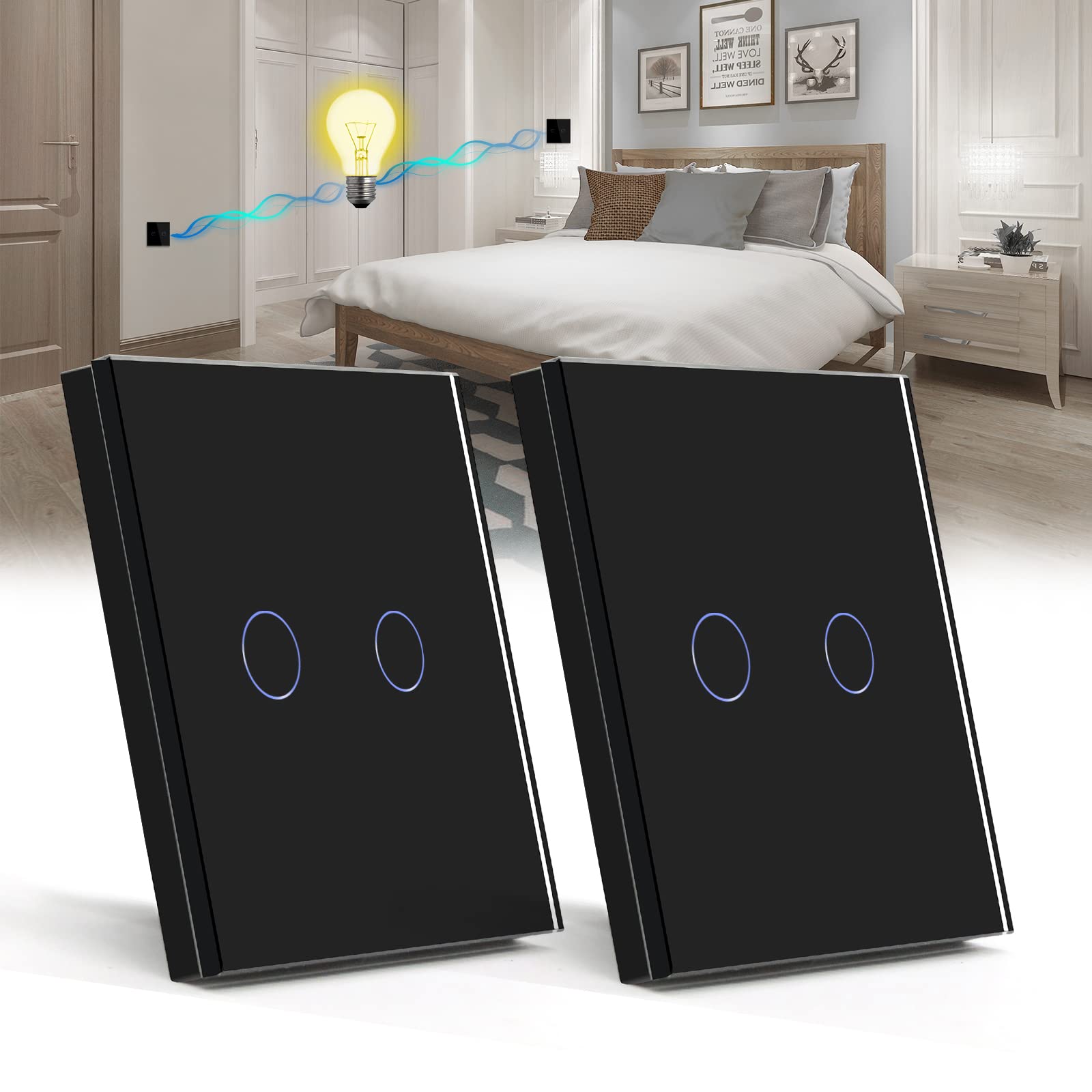 BSEED 2 Pack Touch Light Switch 2 Gang 2 Way, Tempered Glass Panel Light Switches with LED Indicator, Black Touch Sensitive Light Switch-No Neutral Wire — image 1