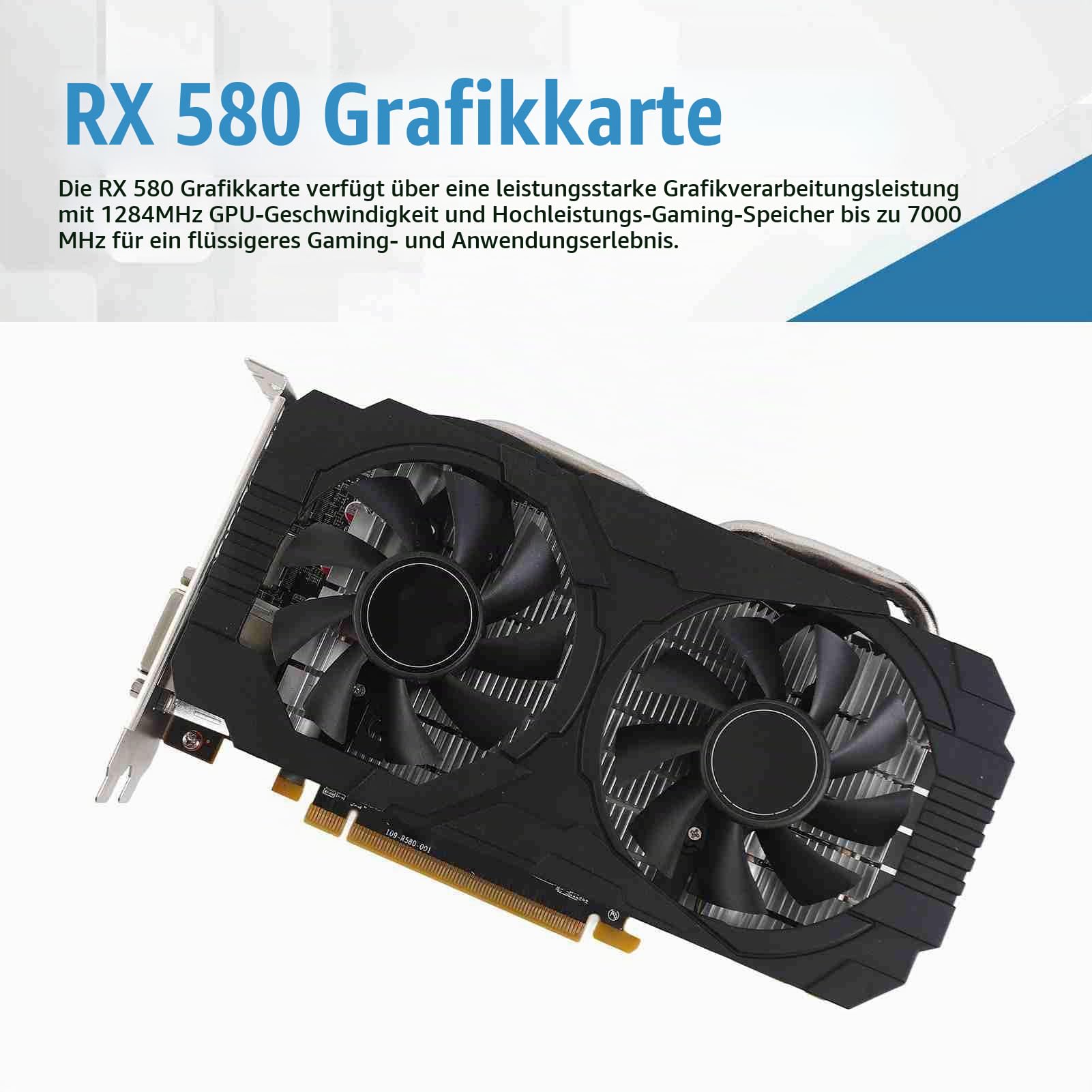 Akozon Grafikkarte RX 580-Grafikkarte 8 GB GDDR5 256-Bit-Grafikkarte Unterstützt 8K 2 Kühlventilatoren 16 PCI-Express Gaming-Grafikkarte 3.0