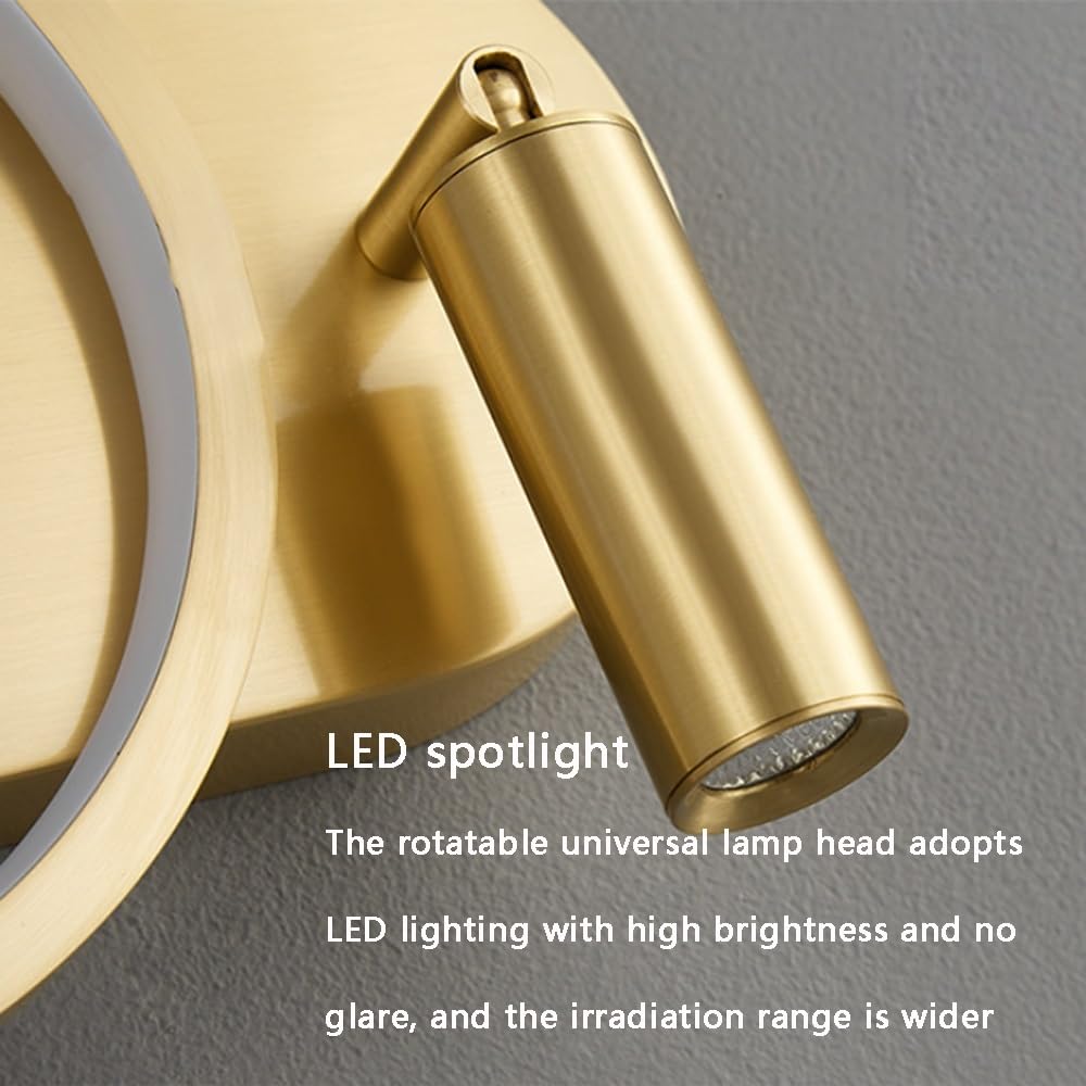 Kinkiet z lampką nocną do czytania, metalowe kinkiety z obrotowym reflektorem, nowoczesne ściemnialne lampy ścienne LED, oświetlenie sypialni, kinkiet 12 W, złoty,Gold