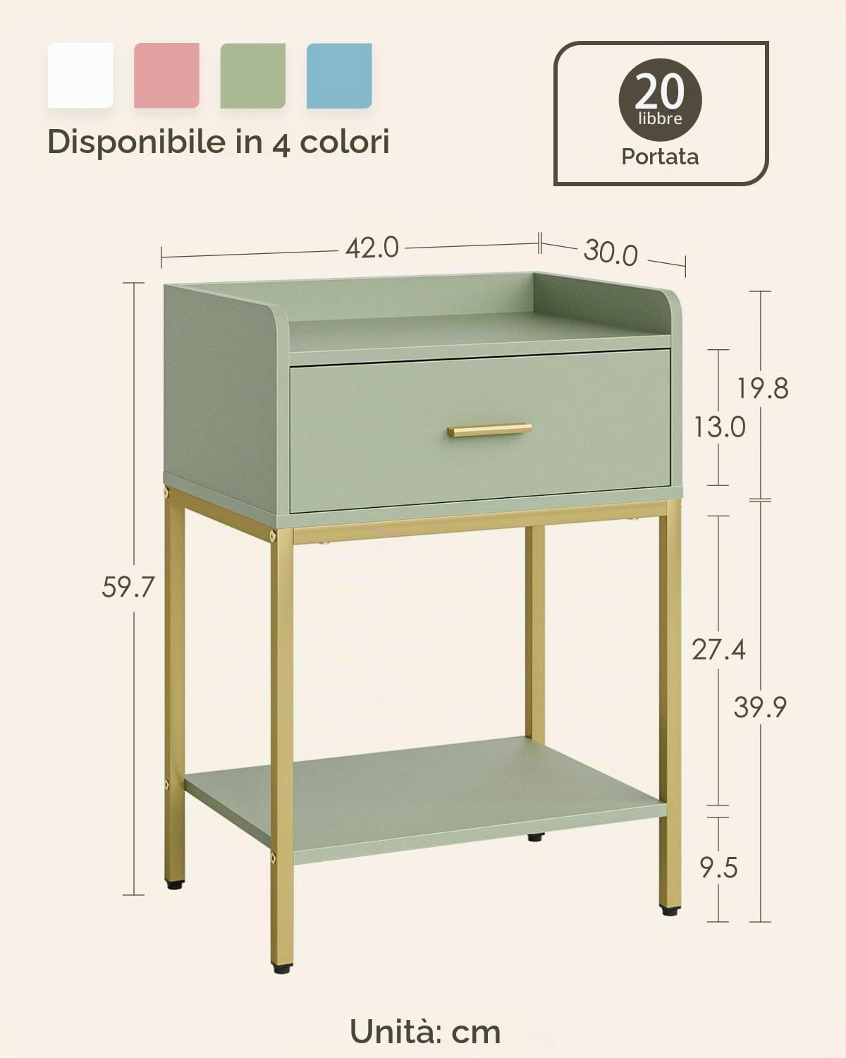 HEYZOEY Comodino verde, comodino moderno a 3 posti, con cassetto e scaffale, piccolo tavolino per camera da letto, soggiorno, verde (senza presa)