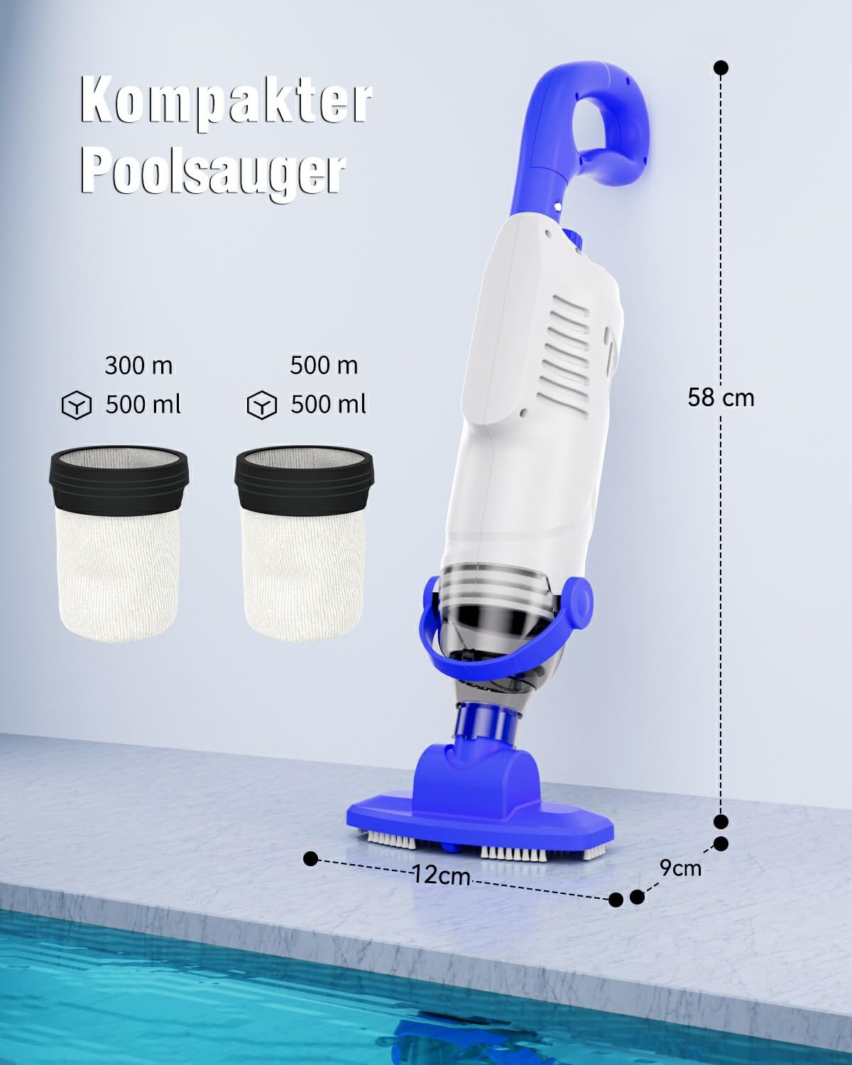Akku Poolsauger mit 36,8 kPa Saugleistung, 5000 mAh Akku, 60 Min Laufzeit, 18 GPM, 2 Saugmodi, 300/500 μm Filter, Steckstange bis 1,85 m (max. Länge), für Pool & Spa