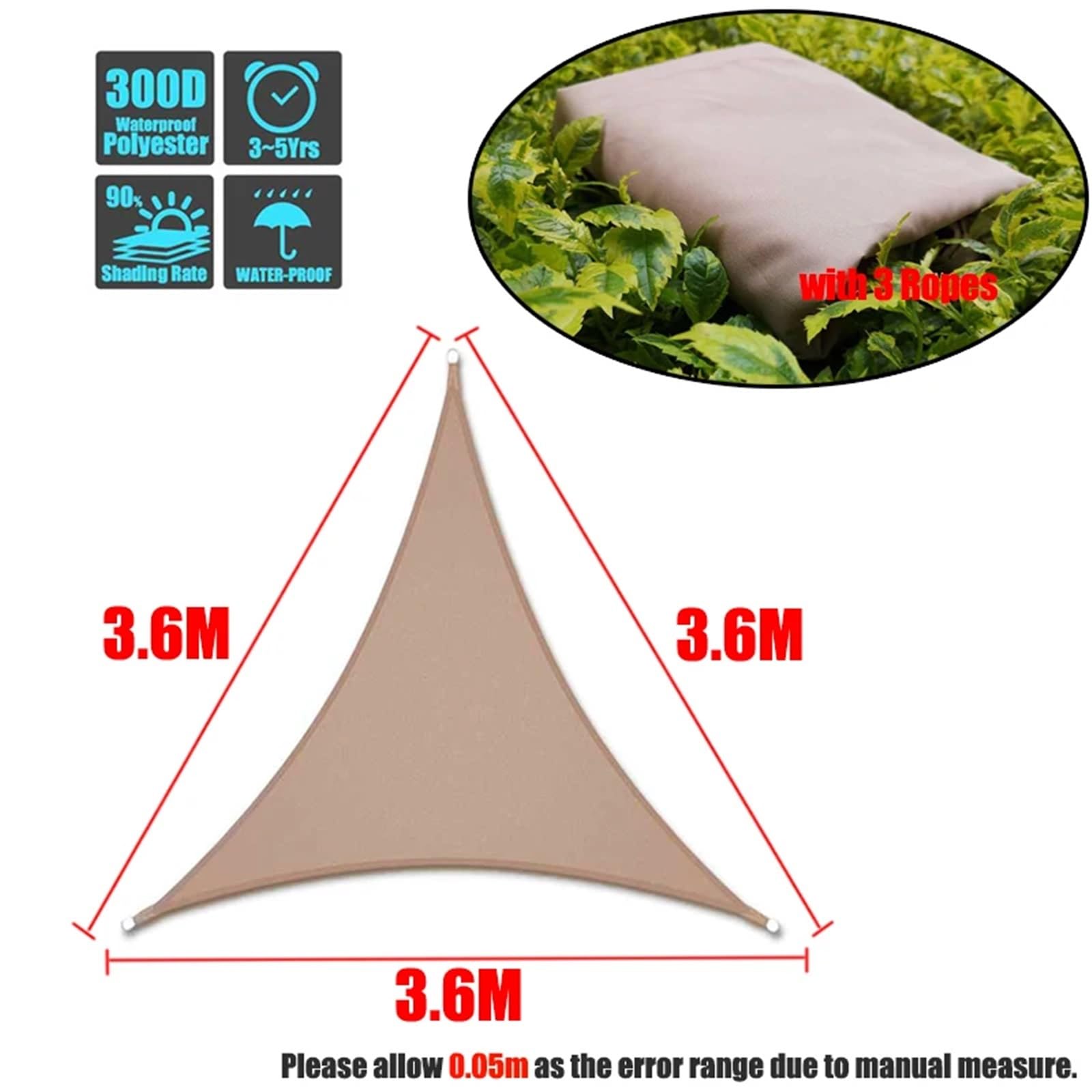 Voile D'Ombrage Triangulaire Voile d'ombrage Triangulaire imperméable en Polyester, abri Solaire d'extérieur for Jardin et Camping(3.6x3.6x3.6m)