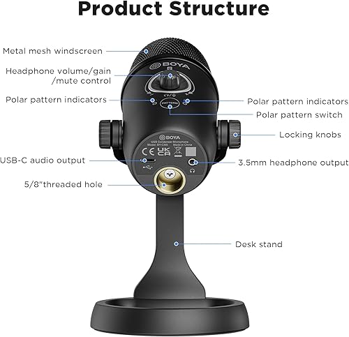 Miniatura 4 de Micrófono USB BOYA para computadora micrófono de condensador para PC Mac 2 patrones de recogida salida de auriculares indicador LED control de