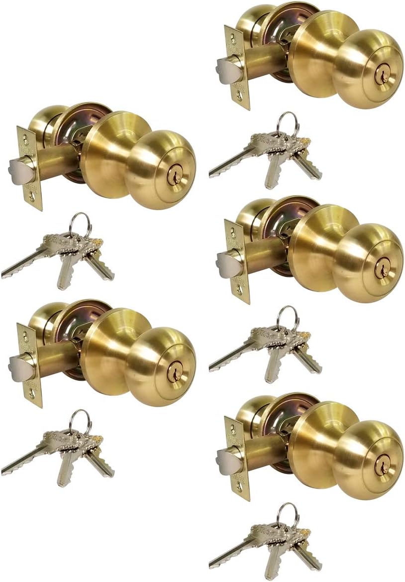 5 x Door Knob Lock Entry Keyed Cylinder 3 Keys Exterior Interior Sc1 SB