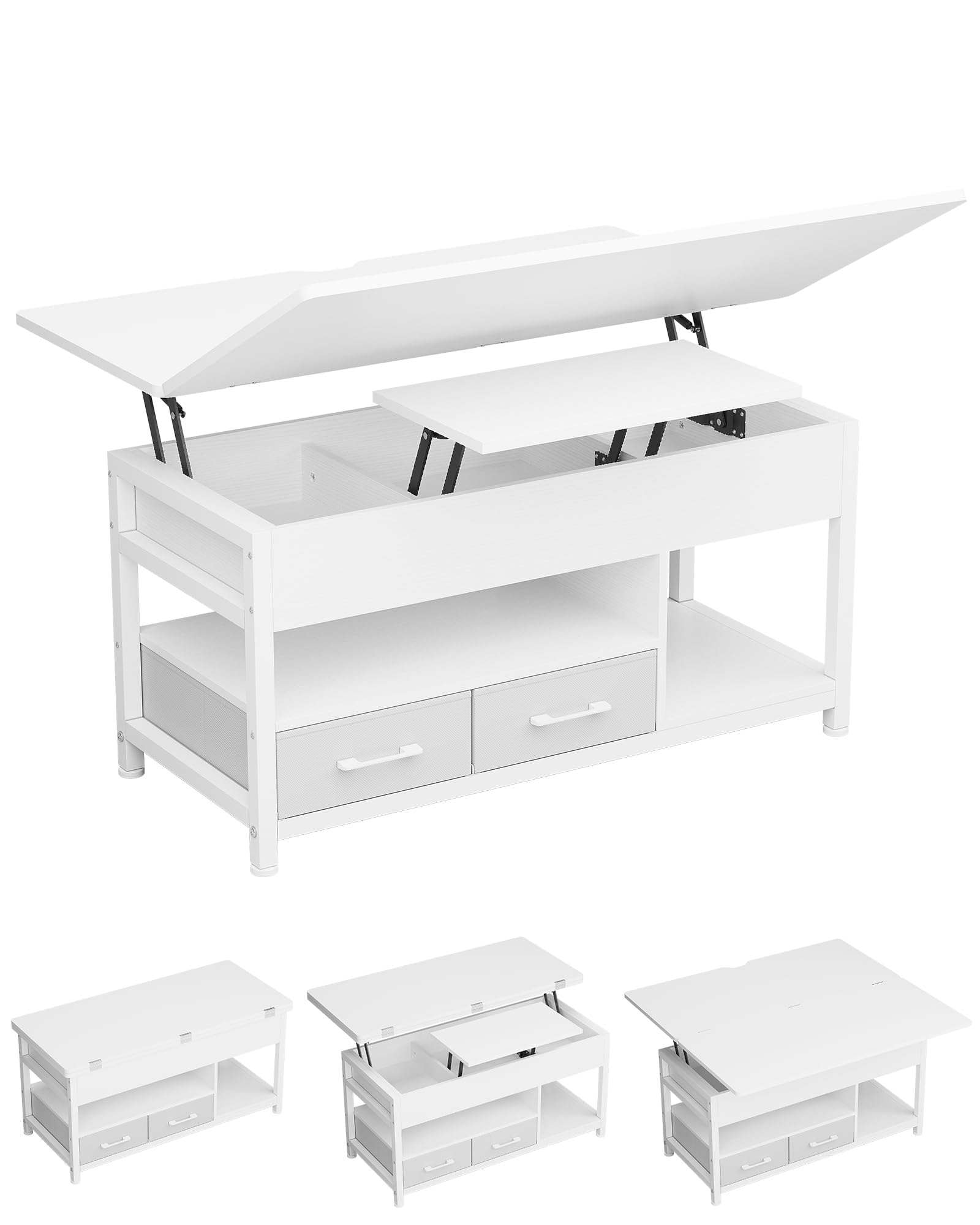 KIMENICH Table Basse Relevable, Table à Manger avec Plateau Pliant, avec 2 Tiroirs, avec Étagère de Rangement et Compartiment Caché, Tables Basse Extensible 3 en 1 pour Salon, Bureau (Blanc)