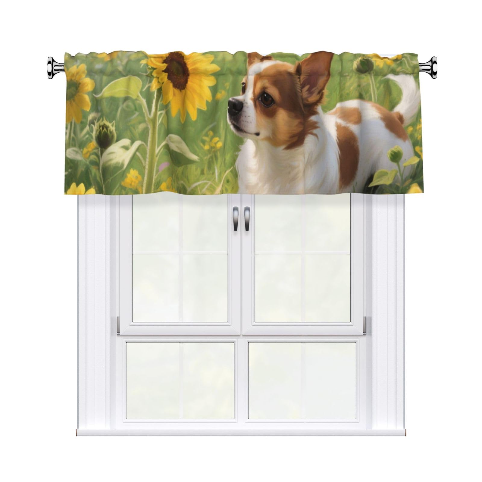 FekiLoot Chihuahua Dog Sunflowers Curtain Valance for Windows, Kitchen Window Valances Rod Pocket Window Treatments Short Curtains Drapes for Bathroom Bedroom Cafe Decor 54x18inch 1 Panel