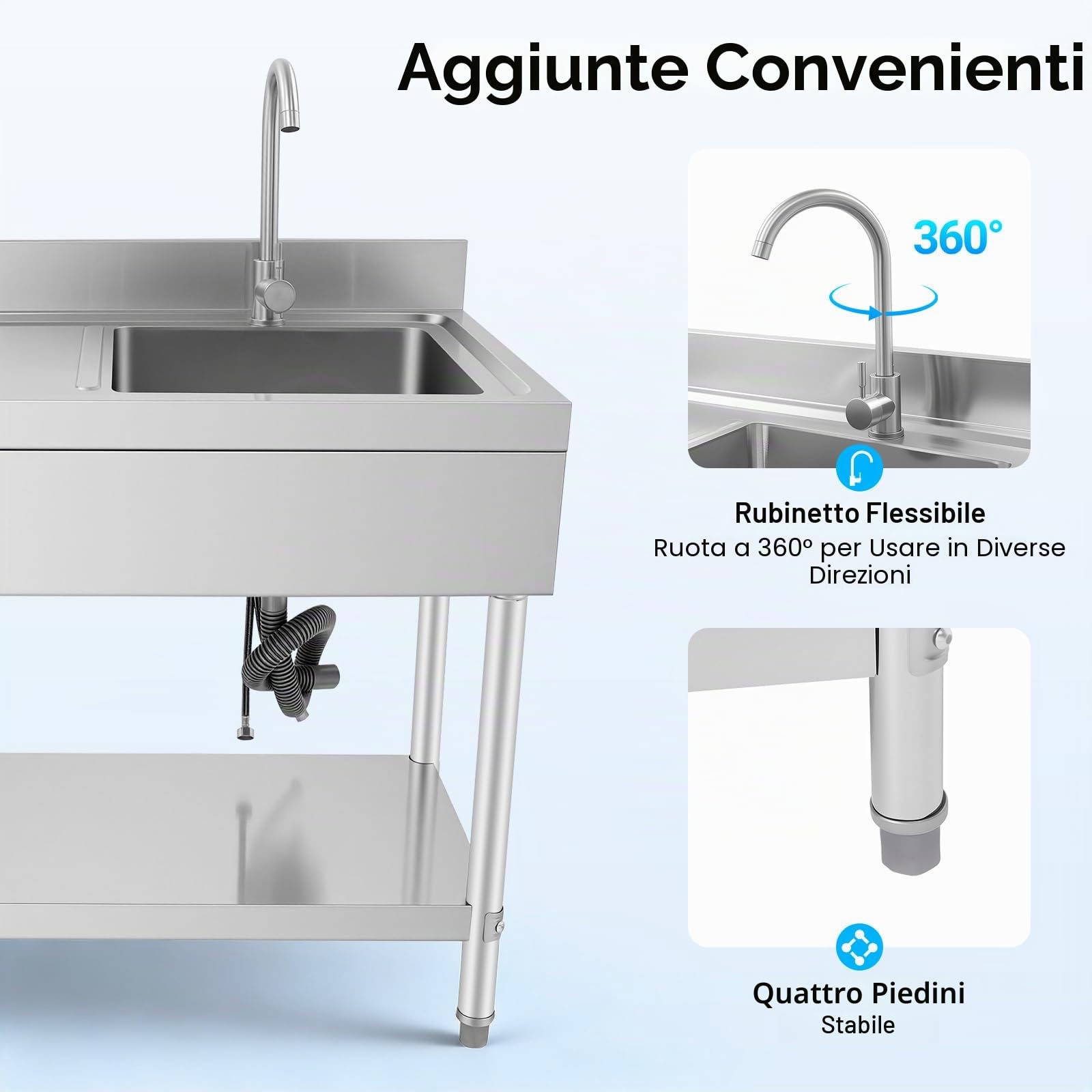 Lavello da cucina in acciaio inox, 1 vasca, professionale, in acciaio inox, autoportante con cestello filtro, per esterni, 100 x 60 x 80 cm