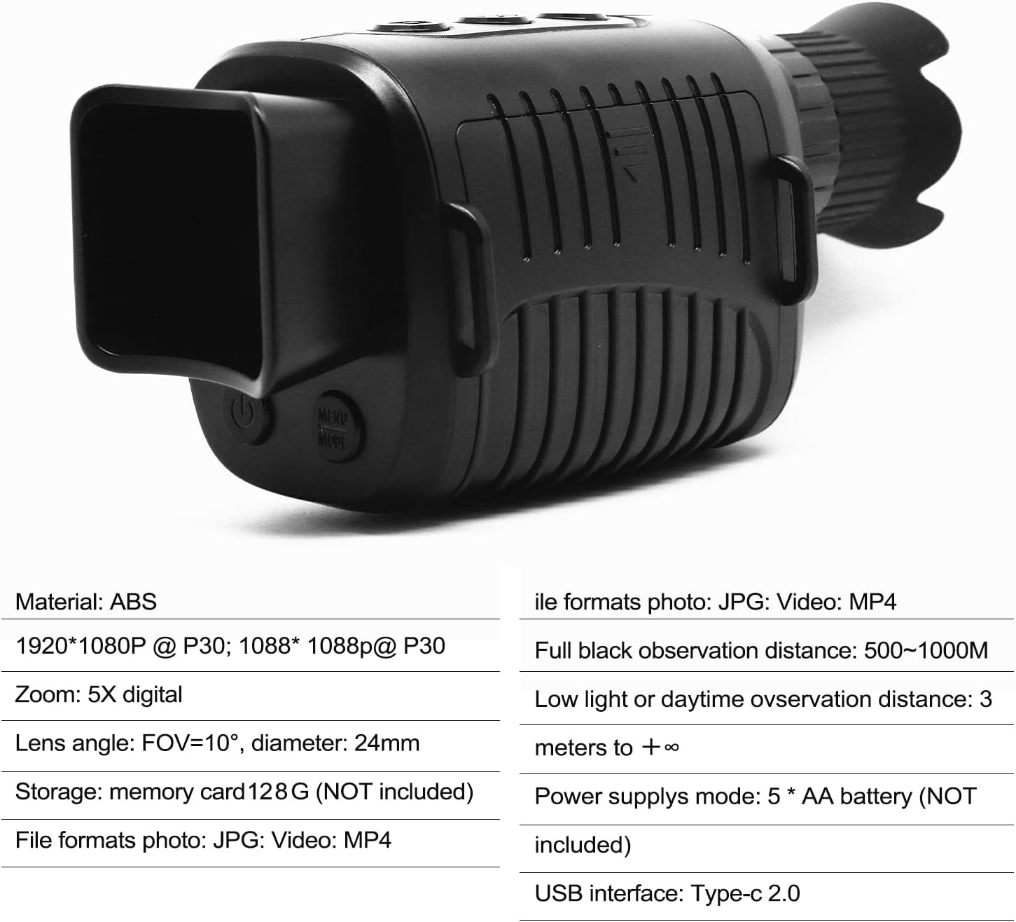 Outdoor Night Vision Device Infrared Optical Night Vision Monocular Device 10 Languages 5X Digital Photo Video Playback 500~1000M Full Dark Viewing Distance for Outdoor Hunt Boating