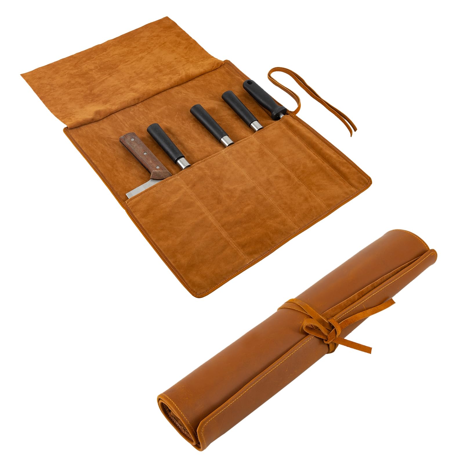 Echtleder Messertasche,Koch Messer Roll Bag,Premium Kochmesserrolle Groß,Messertasche Kochmesser Geschenke für Pro-Köche oder kulinarische Enthusiasten (Braun)