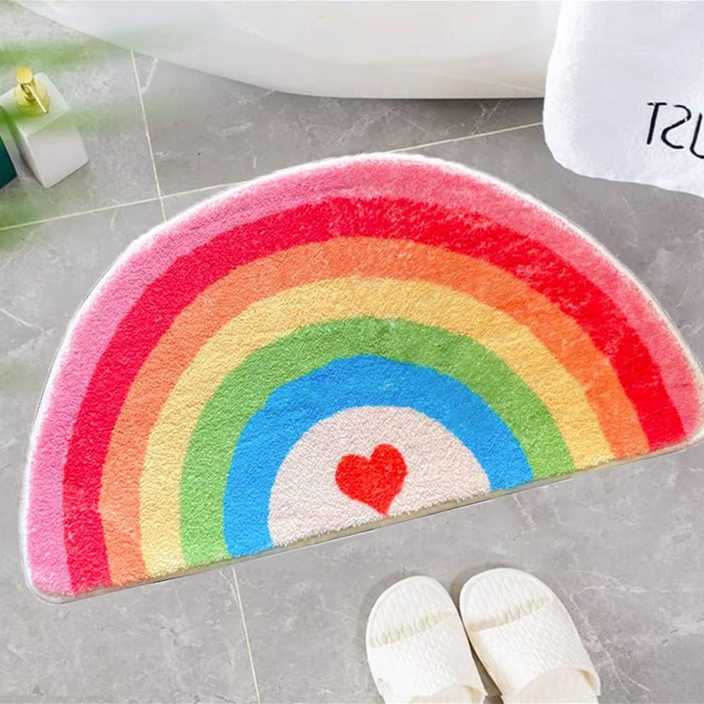Cute Rainbow Bathroom Rugs Non-Slip Washable Absorbent Plush Microfiber Floor Doormats Bath Mat Super Soft for Entrance Decoration Indoor Water Absorption (45 * 90cm, Rainbow Sugar)