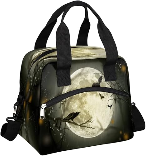 Bolsa de almuerzo aislada para mujeres y hombres, Halloween, luna, cuervo, murciélago, grande, reutilizable, a prueba de fugas, bolsa de almuerzo