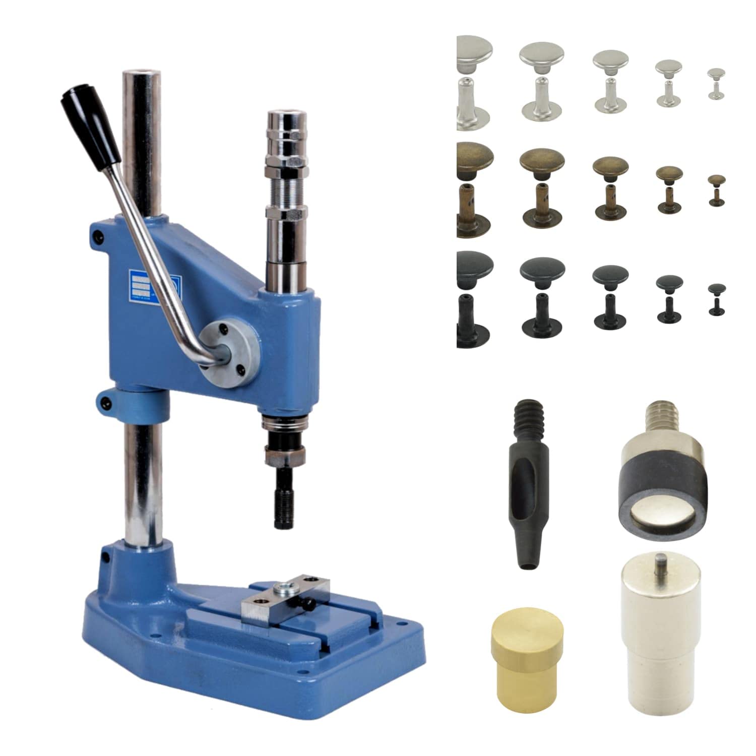 Juego de prensa remachadora con prensa de resorte, herramienta de remache y 50 remaches de cabeza única de 6 mm, plata, latón, inoxidable, prensa de mano, bricolaje, para cuero, ropa,