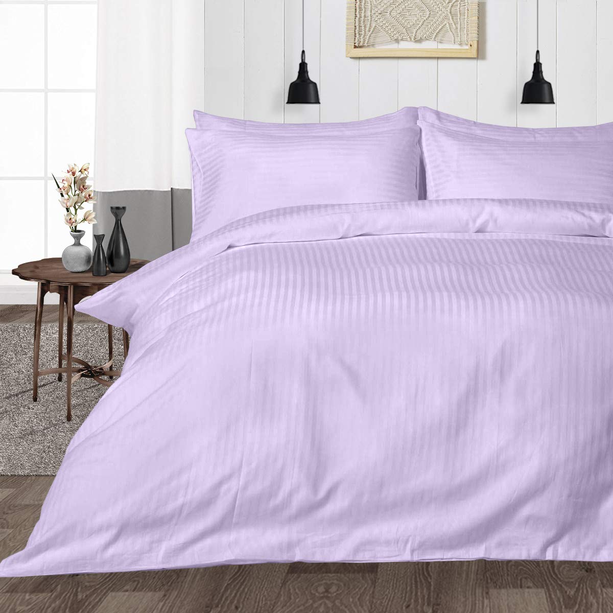 Maysha Zippered 200 TC Satin Stripe Queen Size Duvet Cover Quilt Cover Blanket Cover Razai Comforter Cover with 2 Pillow Covers - (90" X 102")- Light Purple-image-36