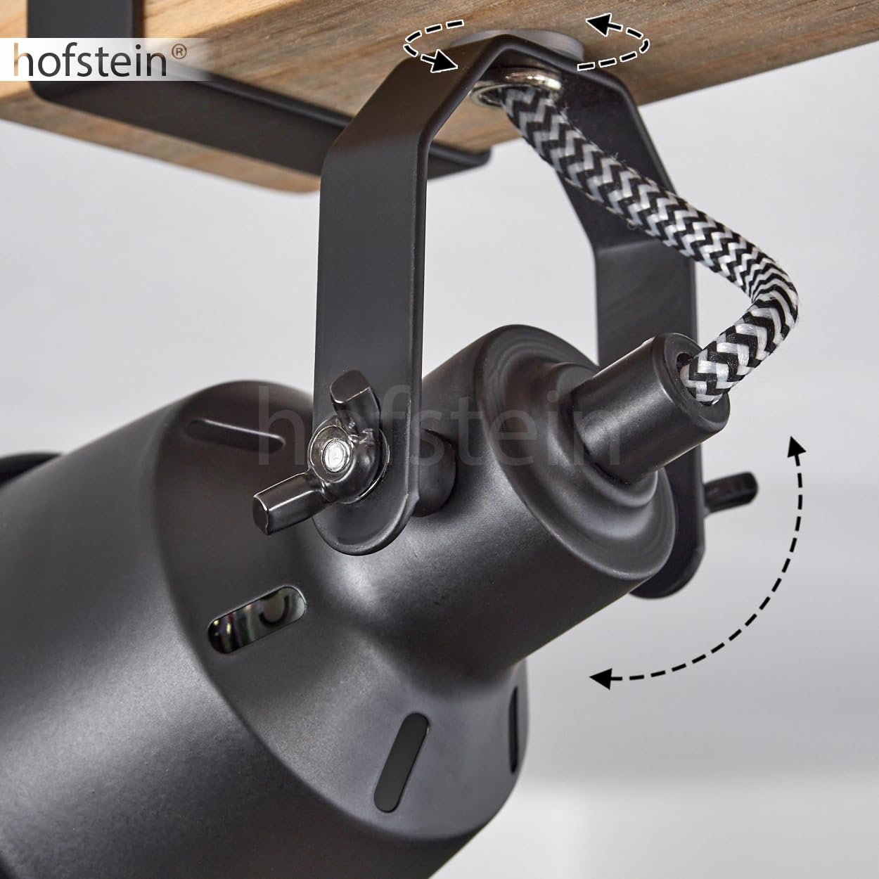 HOFSTEIN Deckenleuchte Safari, verstellbare Deckenlampe aus Metall/Holz in Schwarz/Natur, Leuchte im Industrial/Retro/Vintage-Design, Holzbalken, 6 x GU10, Wohnzimmer, Esszimmer, Schlafzimmer, Küche