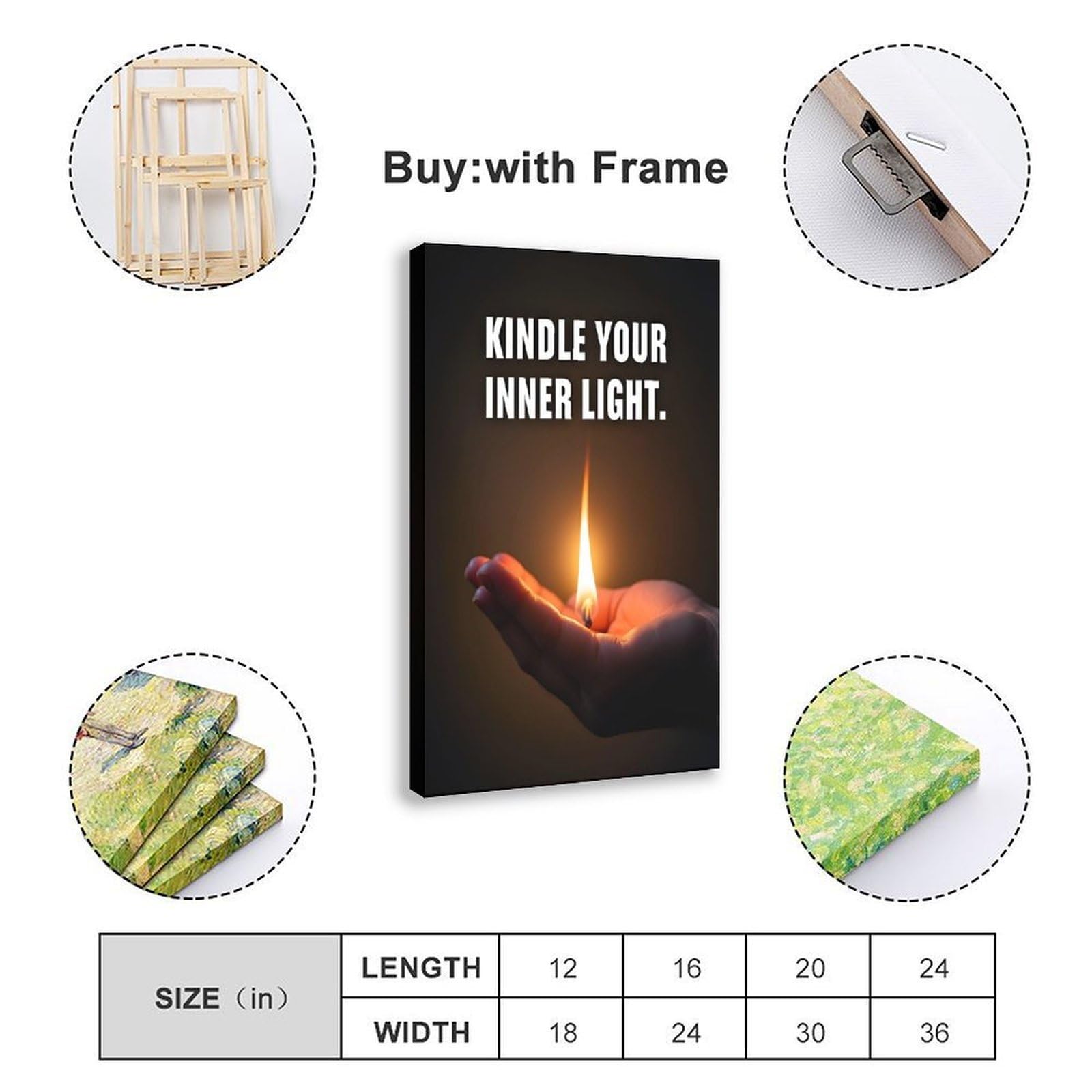 QIENAZIO Kunstdruck auf Leinwand, Motiv: Kindle Your Inner Light, inspirierende Zitate, Wandkunst, Schlafzimmer, Büro, Küche, Dekoration, Geschenke, 60 x 90 cm