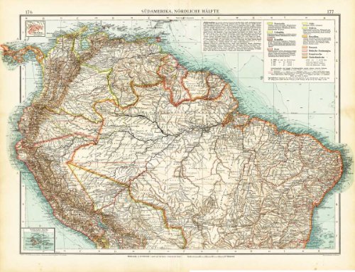 Mapa antiguo-sur ThePrintsCollector América-Brasil-Ecuador-Islas Galápagos-Surinam-andree-1904
