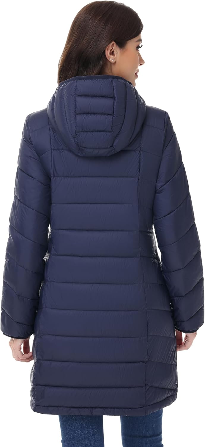 SLOW DOWN Womens Lightweight Puffer Coat, Women Hooded Packable Mid-Length Winter puffer Jacket - Image 3