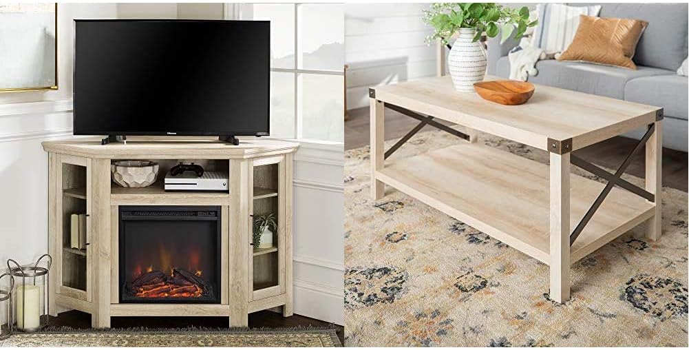 Walker Edison Alcott Classic Glass Door Fireplace Corner TV