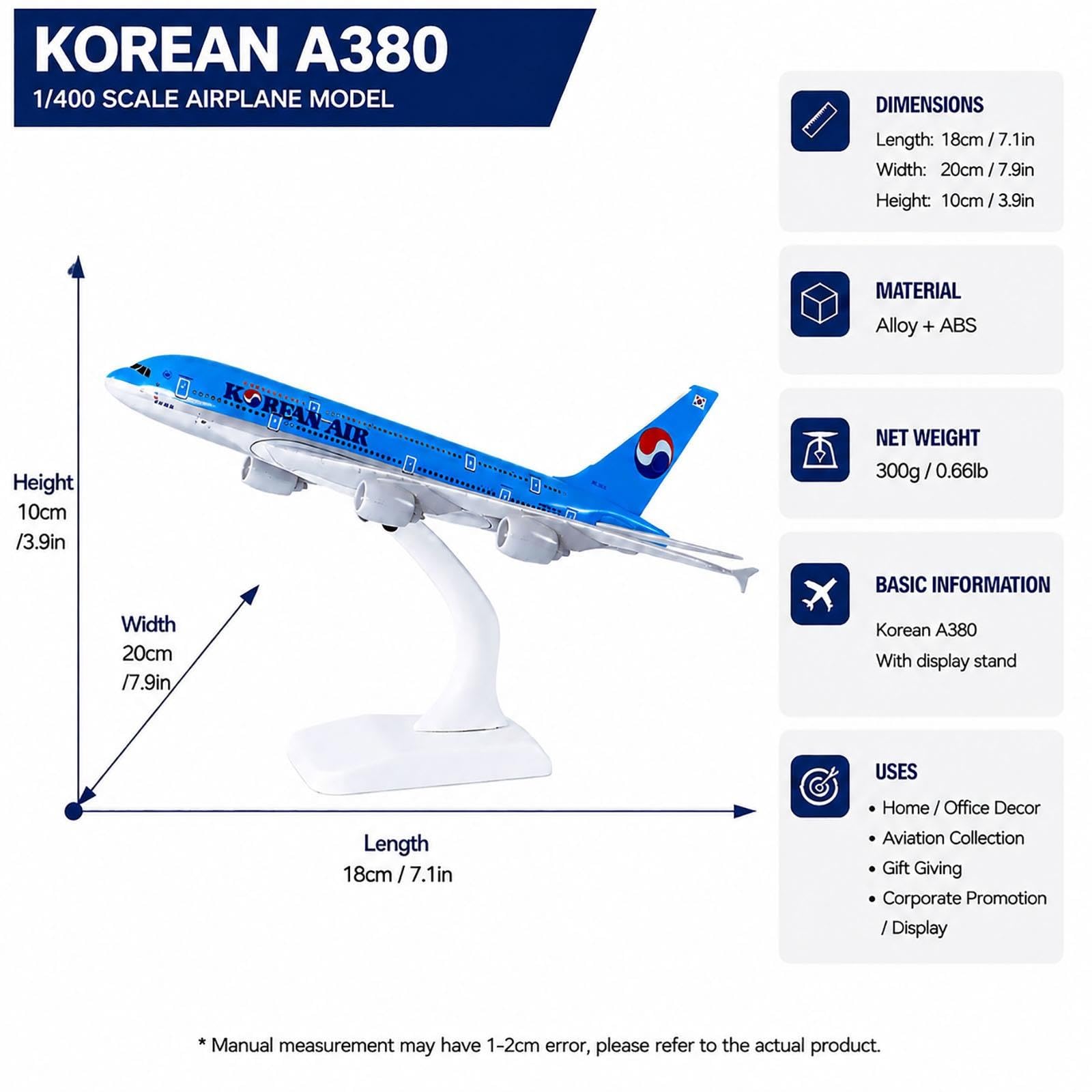 Modello di aereo da 7,1 pollici Modello di aereo a reazione coreano A380