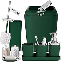 Vista 51 de Juego de accesorios de baño rosa, de plástico, con bandeja, dispensador de jabón, portacepillos de dientes, vaso, jabonera, cepillo para inodoro