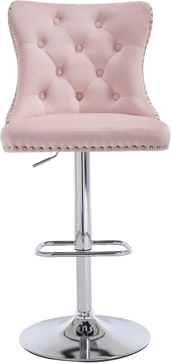 Swivel Barstools Set of 2 with Ring Pull Modern Velvet Adjustable Stools with High Tufted Back Upholstered Kitchen Chairs with Nailhead Trim for Home/Dining Room/Kitchen Breakfast Islan,Pink