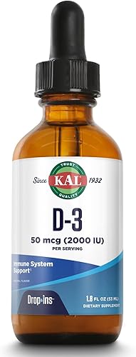 KAL Vitamina D3 2000 UI (50 mcg) DropIns - Gotas líquidas de vitamina D3 - Suplemento de fortalecimiento ósea y apoyo inmunológico - Vegetariano,