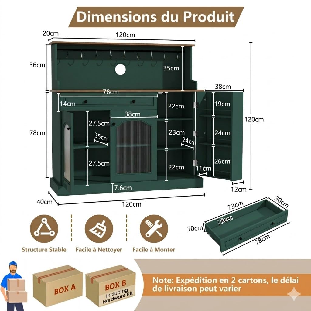 HOLTICO Vaisselier Buffet de Cuisine avec Plan de Travail, Meuble pour Micro-Onde et Bar à Café, avec Armoire de Rangement, Tiroir et Étagères, pour Salle à Manger, Salon, 120 x 120 x 40 cm, Vert
