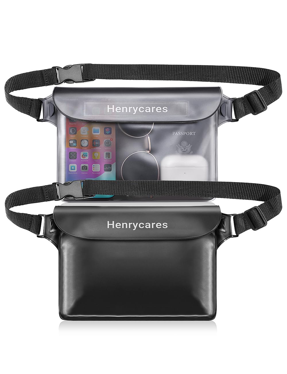 Henrycares 2 Pezzi Marsupio Impermeabile Mare, IPX8 Borsa Impermeabile con Tripla Tenuta, Cintura Regolabile Estesa, Busta Impermeabile Mare per Subacqueo, Spiaggia, Kayak (Nero+cristallo Grigio)