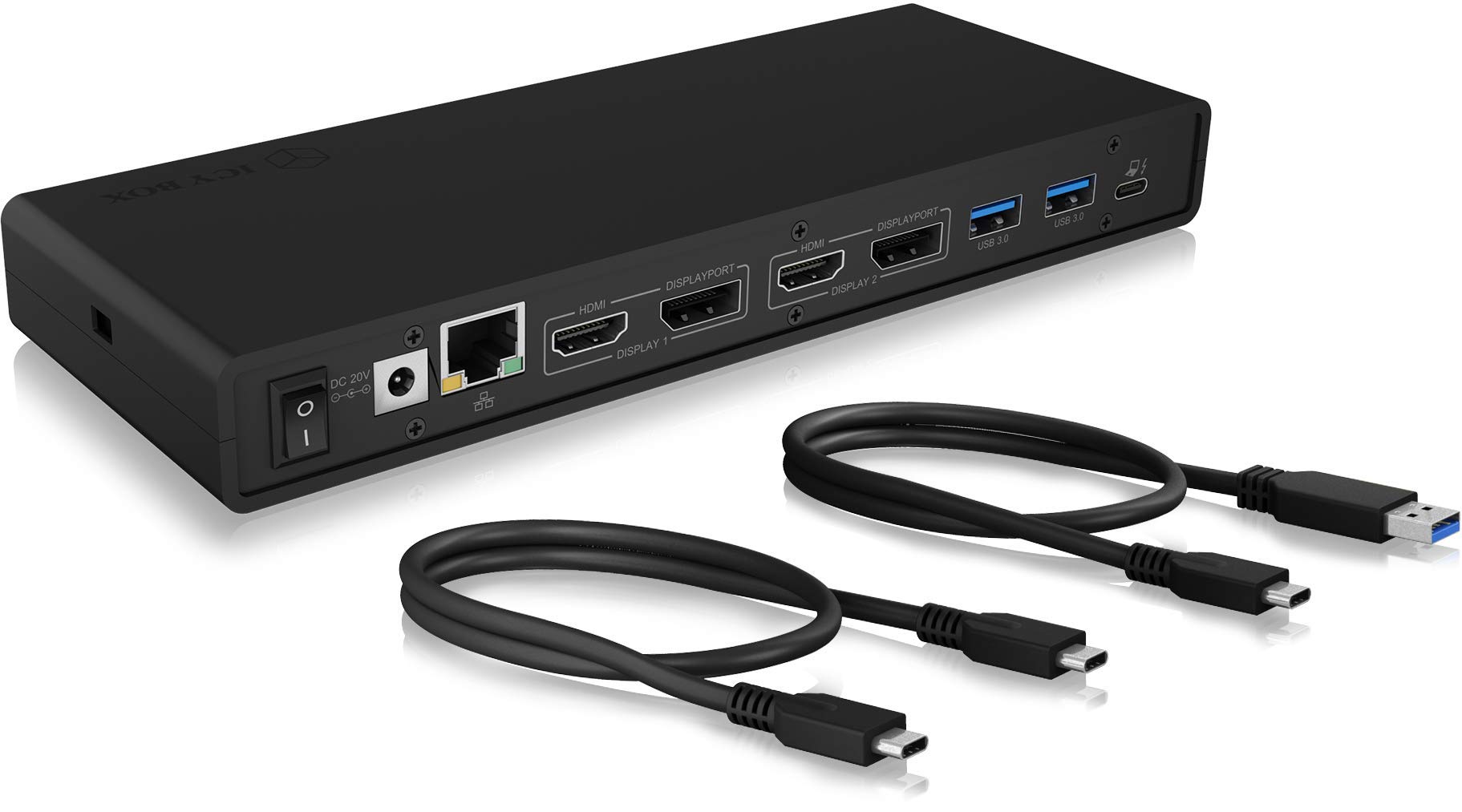 ICY BOXIB-DK2245AC USB 3.0 & USB-C Docking Station with 2 HDMI or 2 DP, 4-Way USB Hub, LAN, Audio, Black
