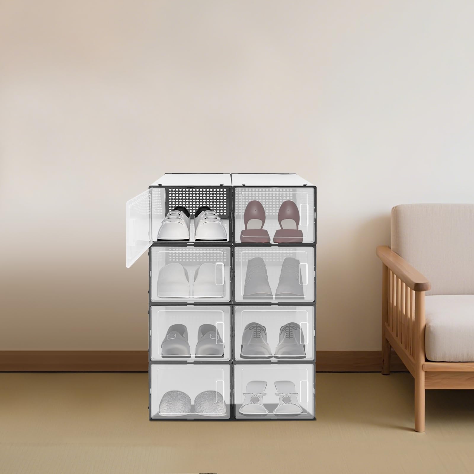 Set di 8 scatole per scarpe, impilabili, trasparenti, in plastica con finestra e manico, organizer per scarpe, antipolvere, per sneaker, 37 x 26 x 20 cm