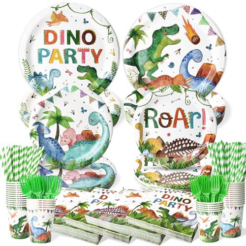 300 Pcs Dinosaur Plates and Napkins (Serves 50 Guests), Dinosaur Birthday Party Supplies Include Forks Cups Straws Tableware Set for Kids Party Decorations