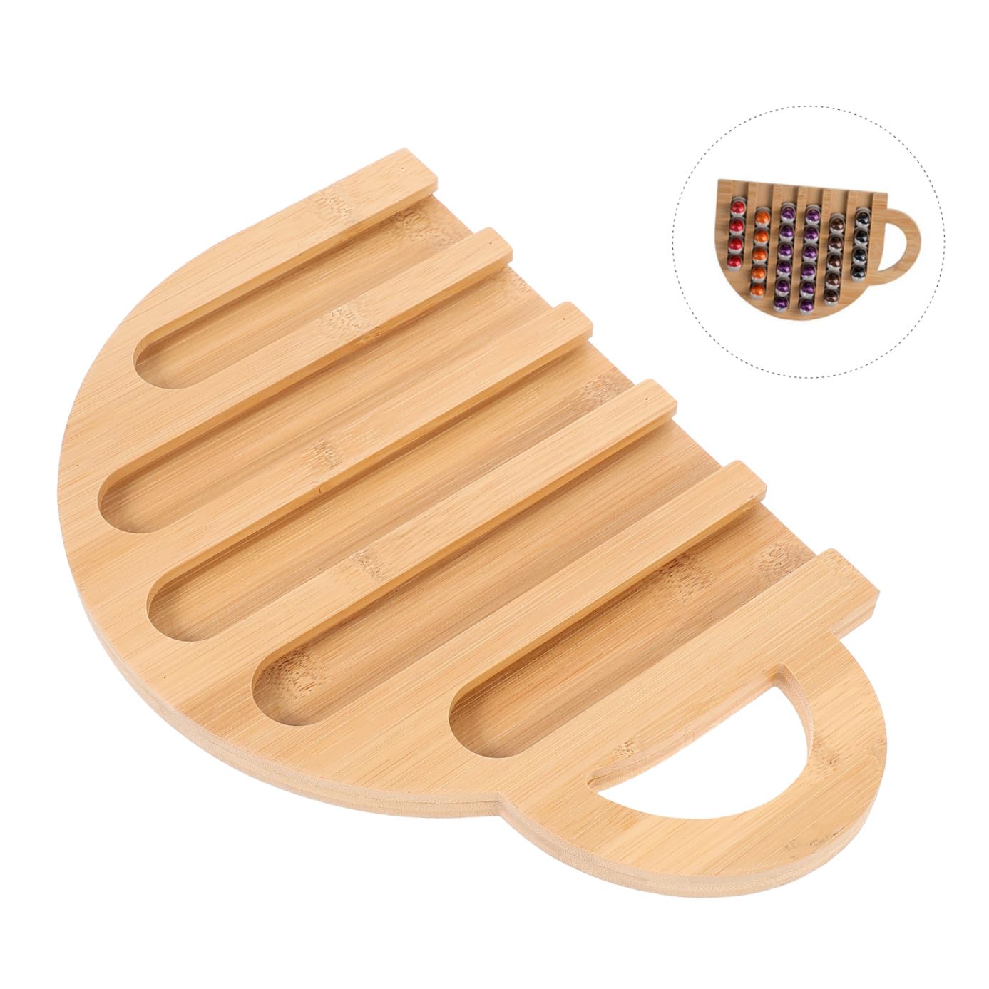 Estante de Madera Beige Diseño Vertical en Forma de Taza para Almacenar Cápsulas de Café, Soporte Innovador y Fiable para Uso en Casa o Tienda