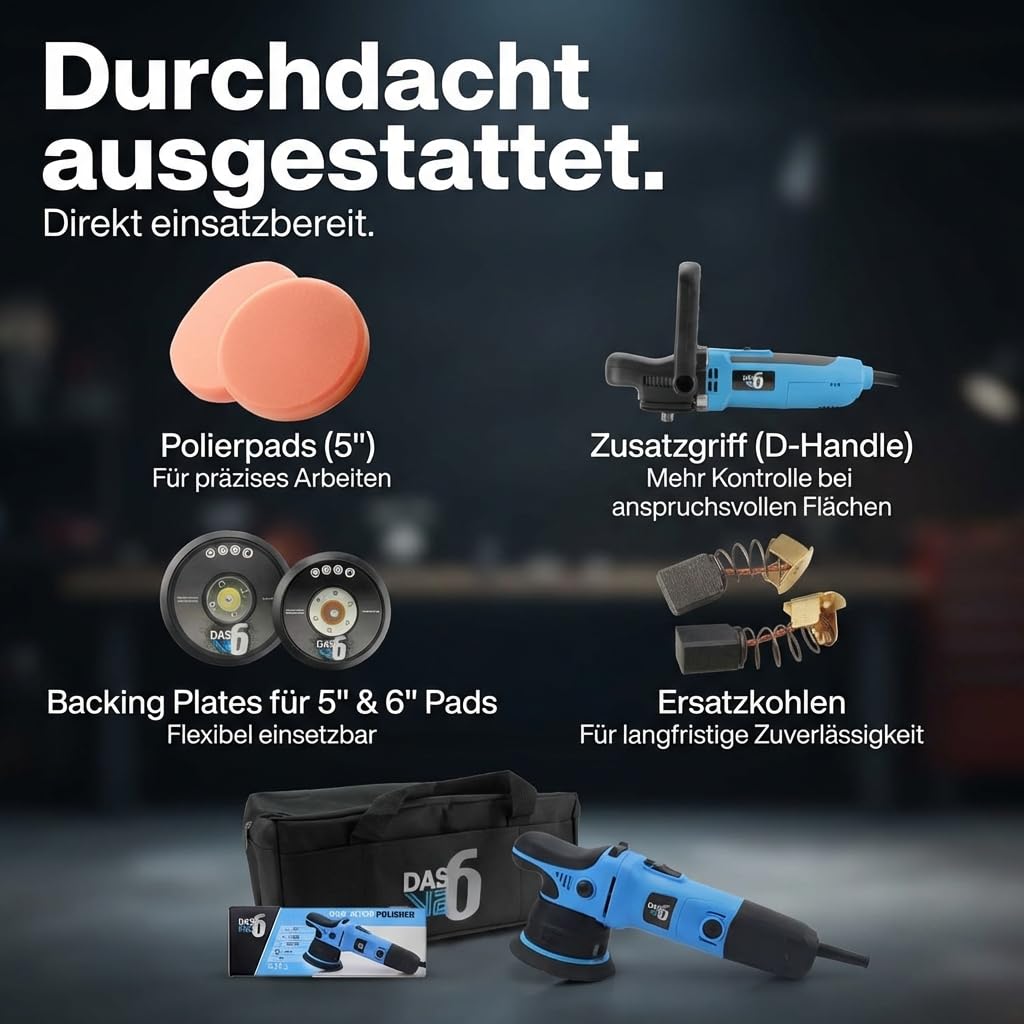 V2 Exzenterpolierer Auto 650 W – Dual Action Poliermaschine mit 6 Geschwindigkeitsstufen, passend für 13 cm & 15 cm Polierpads, Detailing-Set zur Lackaufbereitung & Kratzerreduzierung