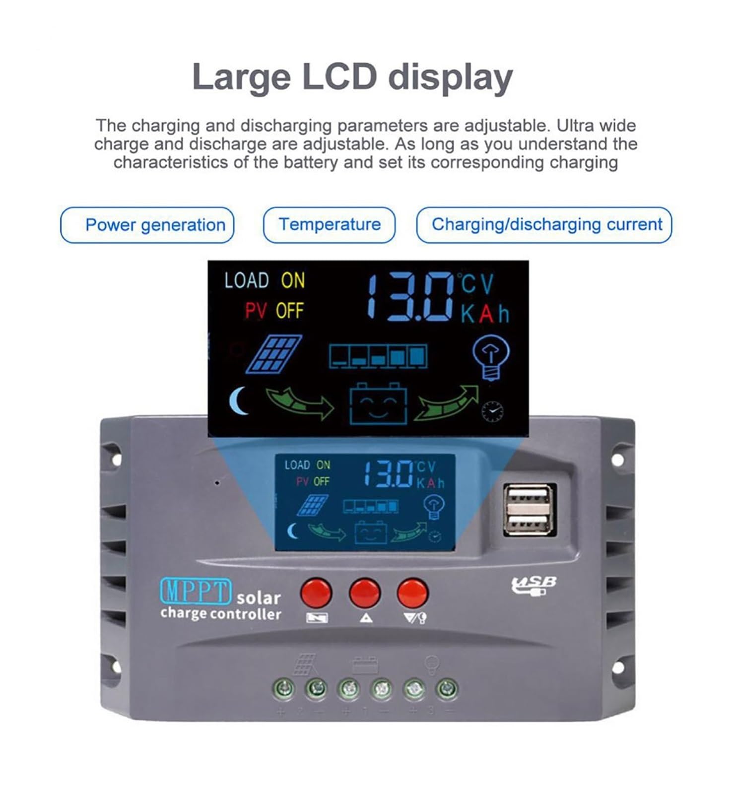 Regolatore di Carica Solare 30A-100A 5V/2A Uscita USB 12V/24V Display Adattivo Monitoraggio Automatico MPPT for Lifepo4 E Piombo-Acido(Solar Controller 30A)