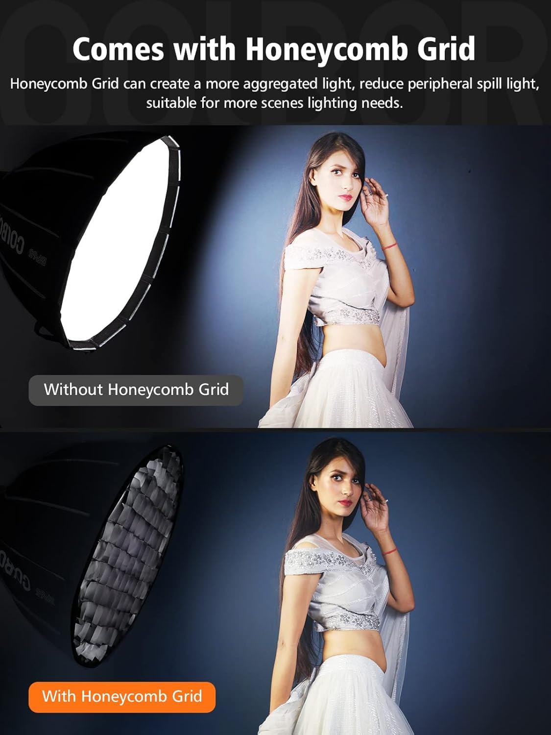 Softbox Parabolico, COLBOR BP65 65cm Softbox a Sgancio Rapido 16 Nervature con Doppio Diffusore, Griglia a nido d'ape, Compatibile con COLBOR Serie CL60/CL100X/CL100 e Altre Luci Bowens Mount