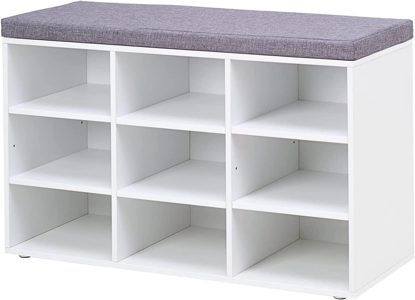 VASAGLE Shoe Bench, Storage Bench with Padded Seat, with Cushion, 9 Compartments, Adjustable