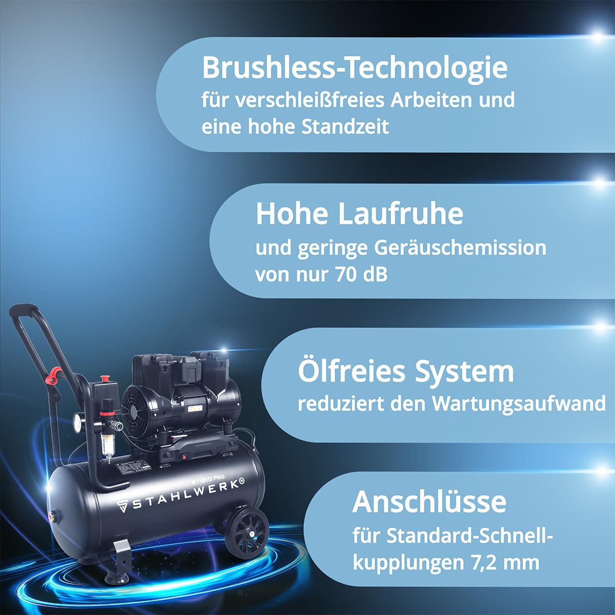 STAHLWERK Kompressor mit 30 L Tank (ST-310 Pro) – ölfrei & leise, 8 bar, 1,97 PS (1,45 kW), 250 l/min, 70 dB, Druckluftkompressor mit Brushless-Motoren, Silent-/Flüsterkompressor, Kolbenkompressor