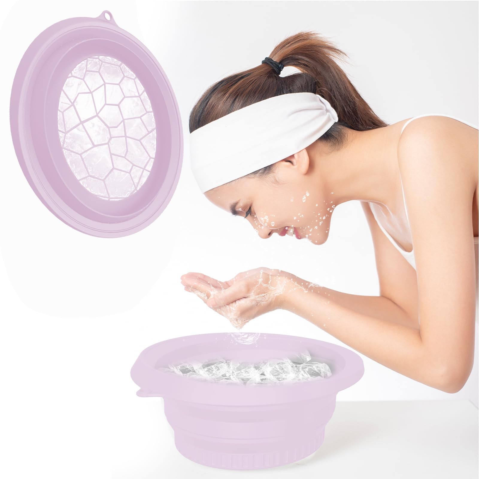 Cuenco grande de silicona para baño de hielo facial con icetray integrado, diseño plegable y colgante para un fácil almacenamiento y transporte, baño de hielo facial en casa y viajes (morado)