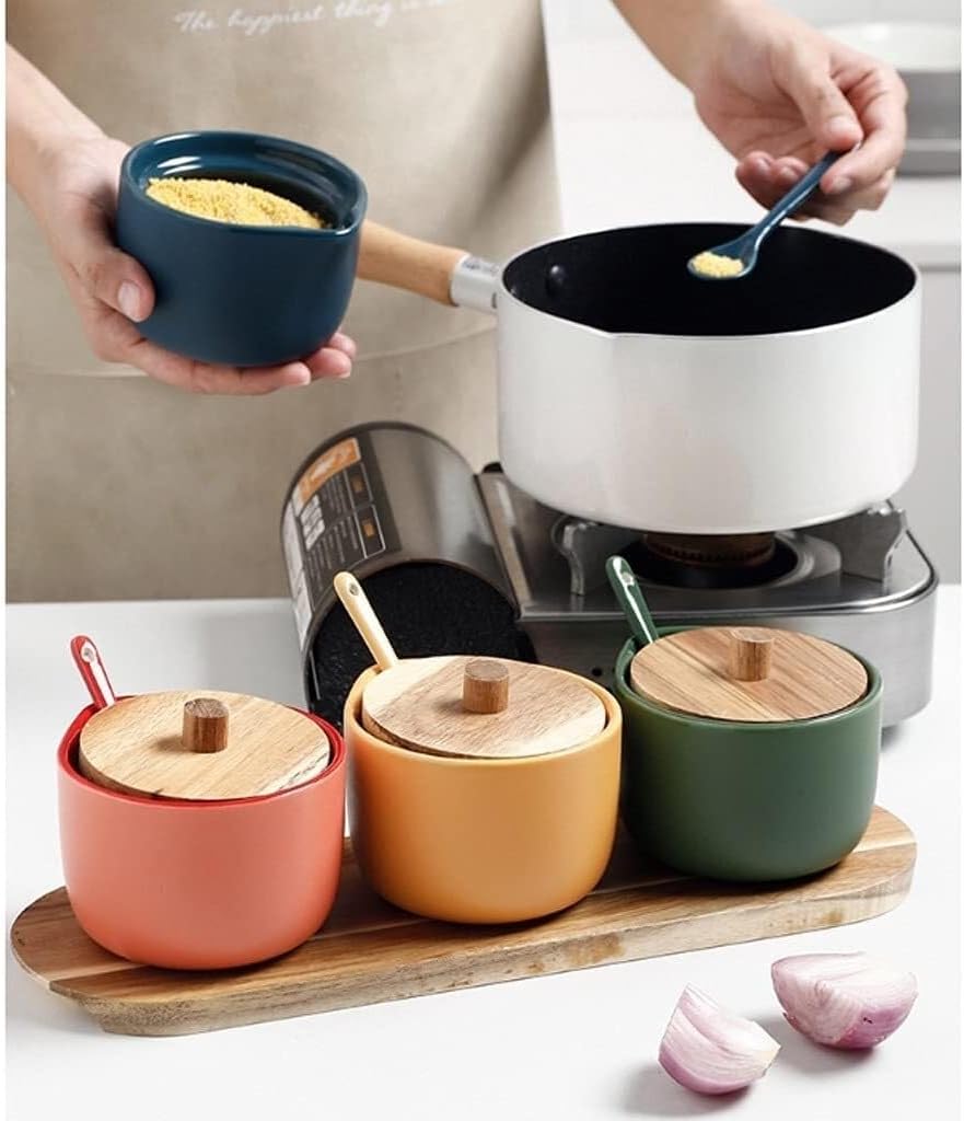 Ceramic Condiment Jar Set with Lid and Spoon, Household Spice Pot, Seasoning Box with Tray for Salt, Sugar, and Spices, 3-Piece Set