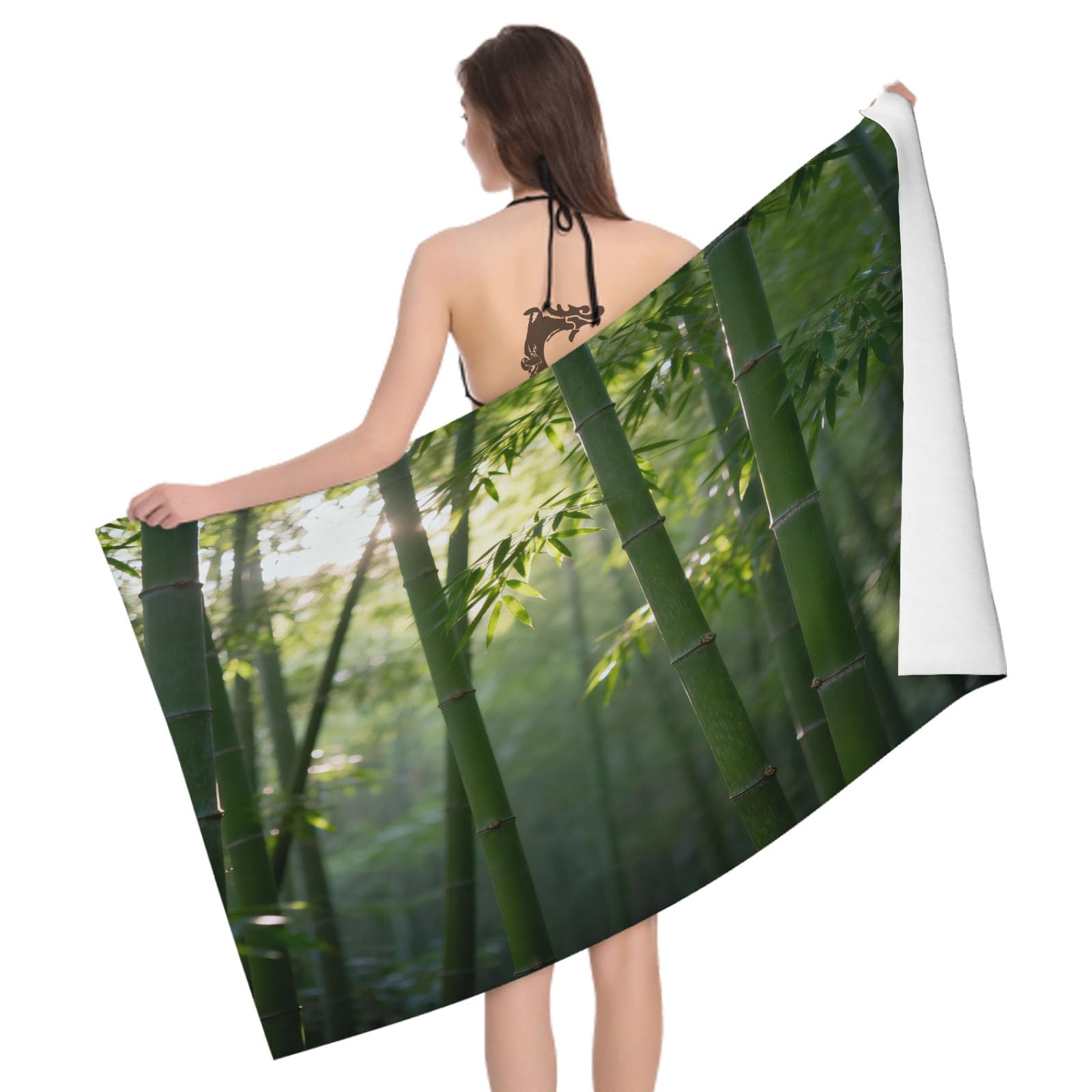 Leichong 3D Bamboo Beach Towel Large Microfiber Soft Quick Dry for Adults, Green Bamboo Woods Bath Towel Lightweight Soft Absorbent for Travel Swimming Pool Sports, 80 x 160 cm