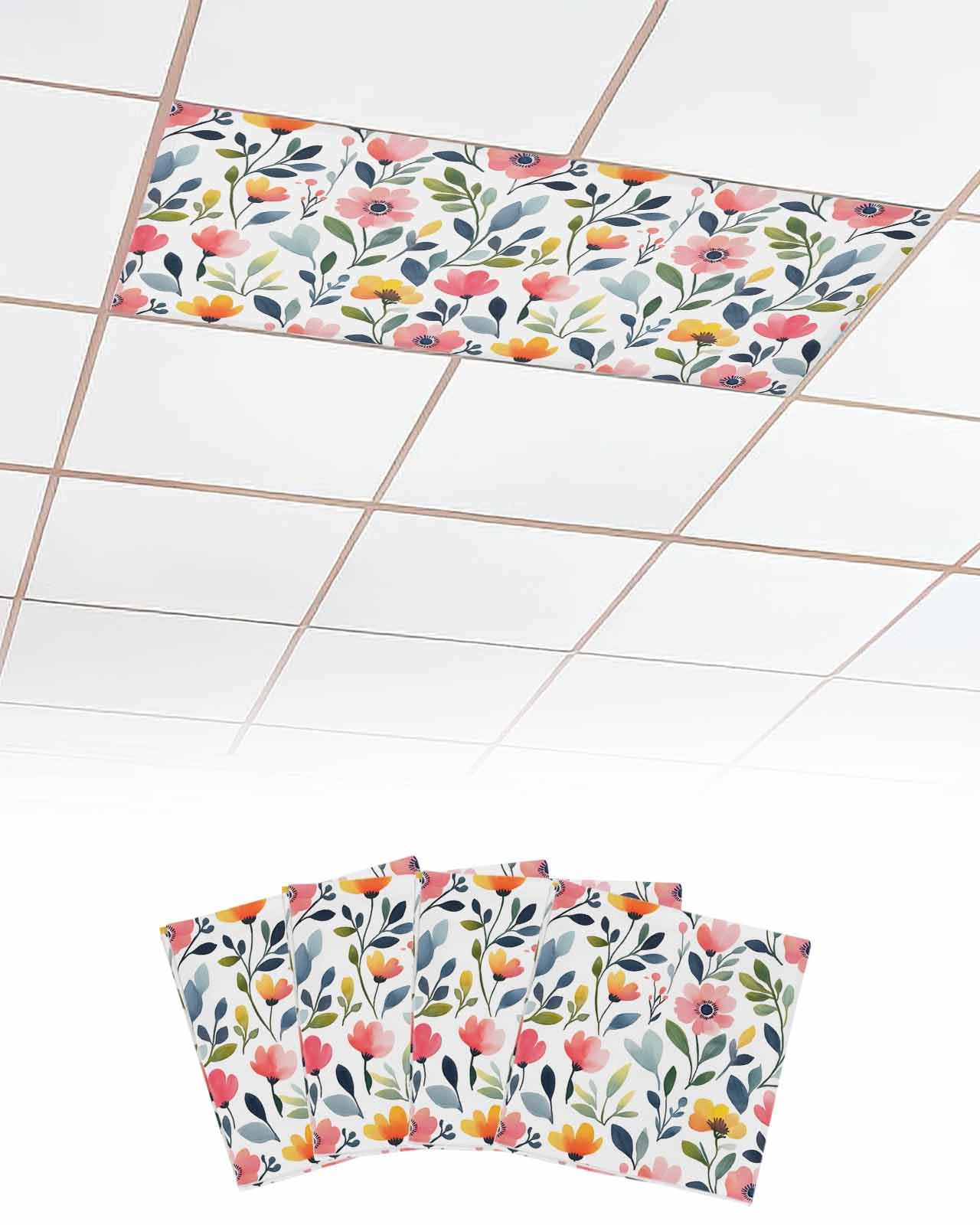 EwdeWwo Floral 4 Pcs Fluorescent Light Covers for Ceiling Lights, Watercolor Plant Farmhouse Magnetic Light Filters for Eliminate Harsh Glare Classroom Office Decoration, 4 x 2 Ft