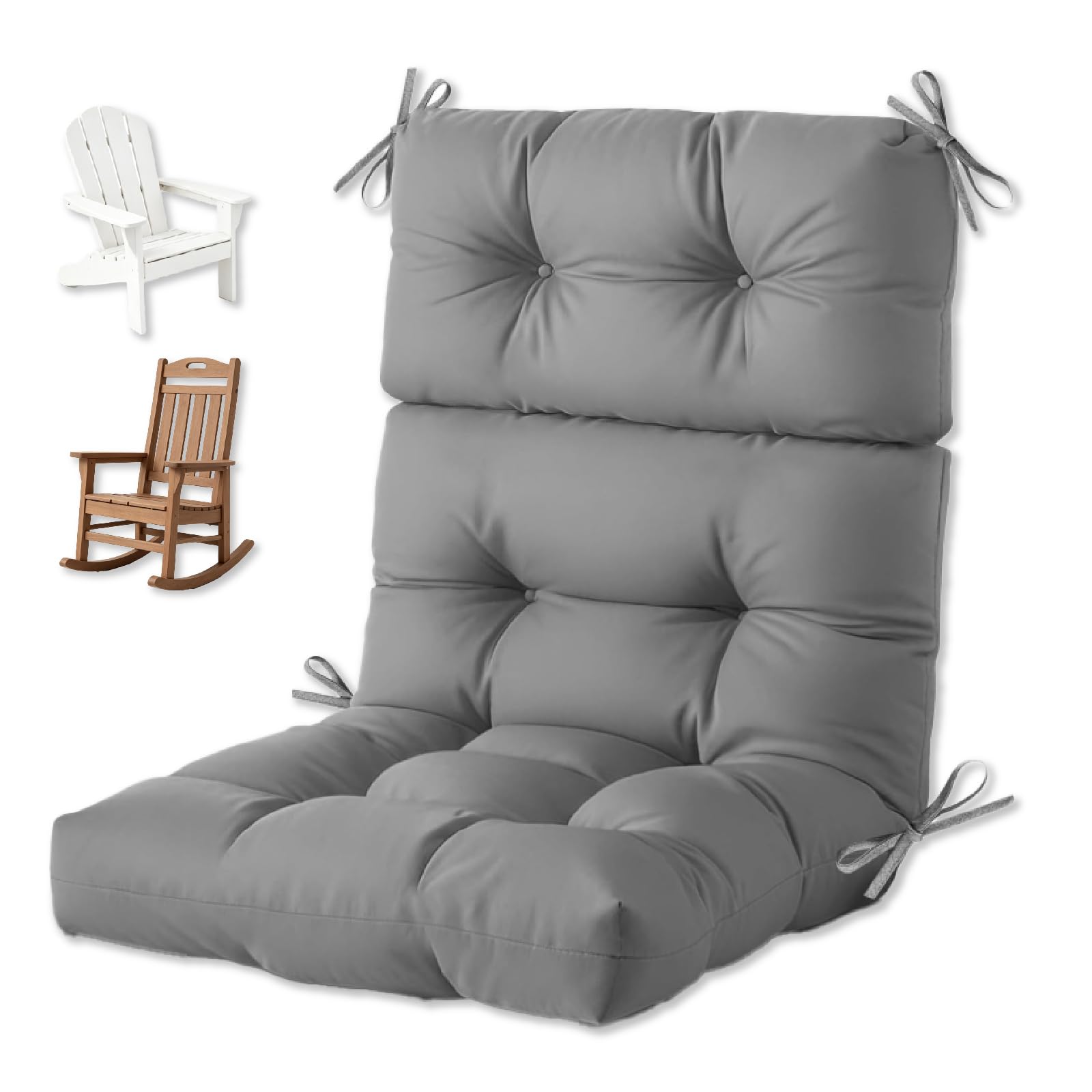 widesmile Outdoor Seat Cushion Replacement, Waterproof Thicked 112x53.3x10 cm Garden Adirondack Chair Cushions with Ties, High Back Rocking Chair Pad for Patio Furniture, Grey