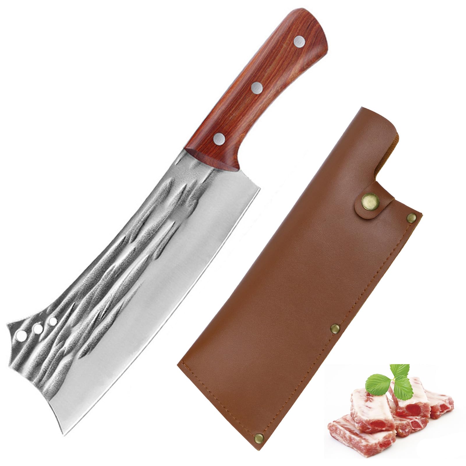 Fubinaty Küchenmesser Japanisch handgefertigt geschmiedet Full Tang Chopping Knife High Carbon Steel Butcher Knife für Köche Knochen schneiden mit Lederscheide für Home Restaurant Camping im Freien
