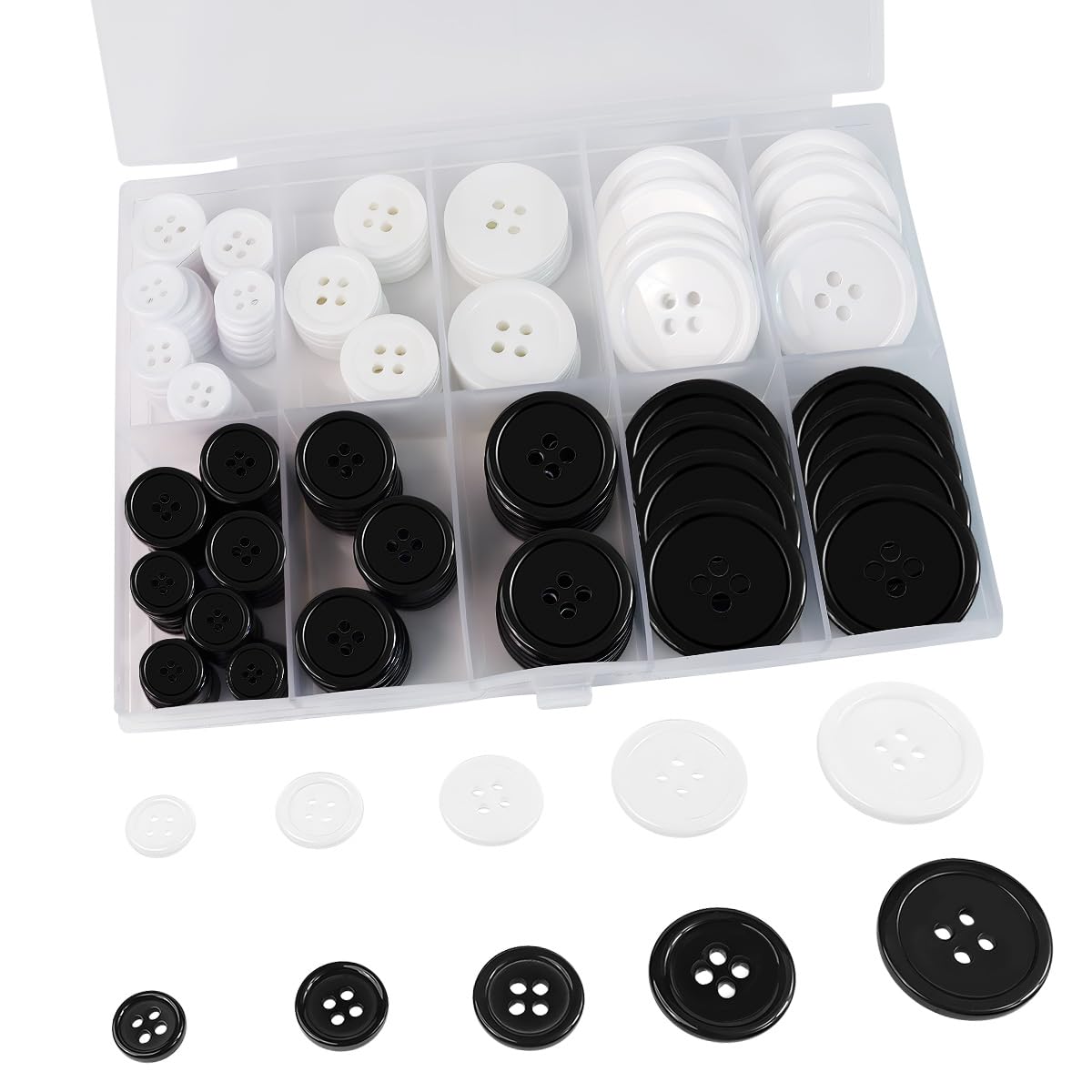 160 Pack Premium Mixed Resin Sewing Buttons - Environmental Protection 4 Holes, 5 Sizes White and Black, Applicable for Sewing, DIY and Decoration