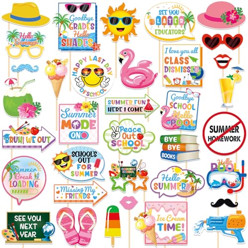 Schools Out for Summer Photo Props Last Day of School Decorations Peace Out School Hello Summer Photo Booth Props Goodbye School Hello Pool Summer Vacation Party Decoration Supplies 35 Pieces
