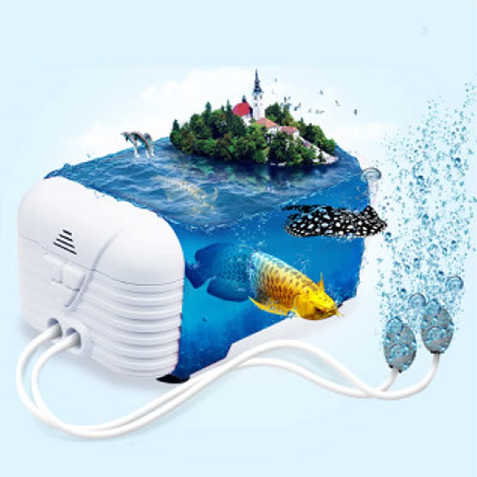 Bomba de Aire de Acuario, Aireador de Tanque de Peces de Doble Salida, Bomba de Oxígeno Silenciosa <30db, con 2 Válvula Antirretorno (6W-8L/Min)