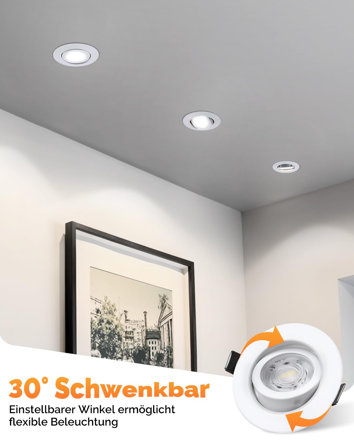 wowatt 6er LED Einbaustrahler 3 Stufen Dimmbar, 6W LED Spots 230V Schwenkbar 3000K Warmweiß 4000K Neutralweiß 6000K Kaltweiß, Deckenspots Weiß 68mm Lochmaß, IP44 Einbauleuchten Flach für Badezimmer