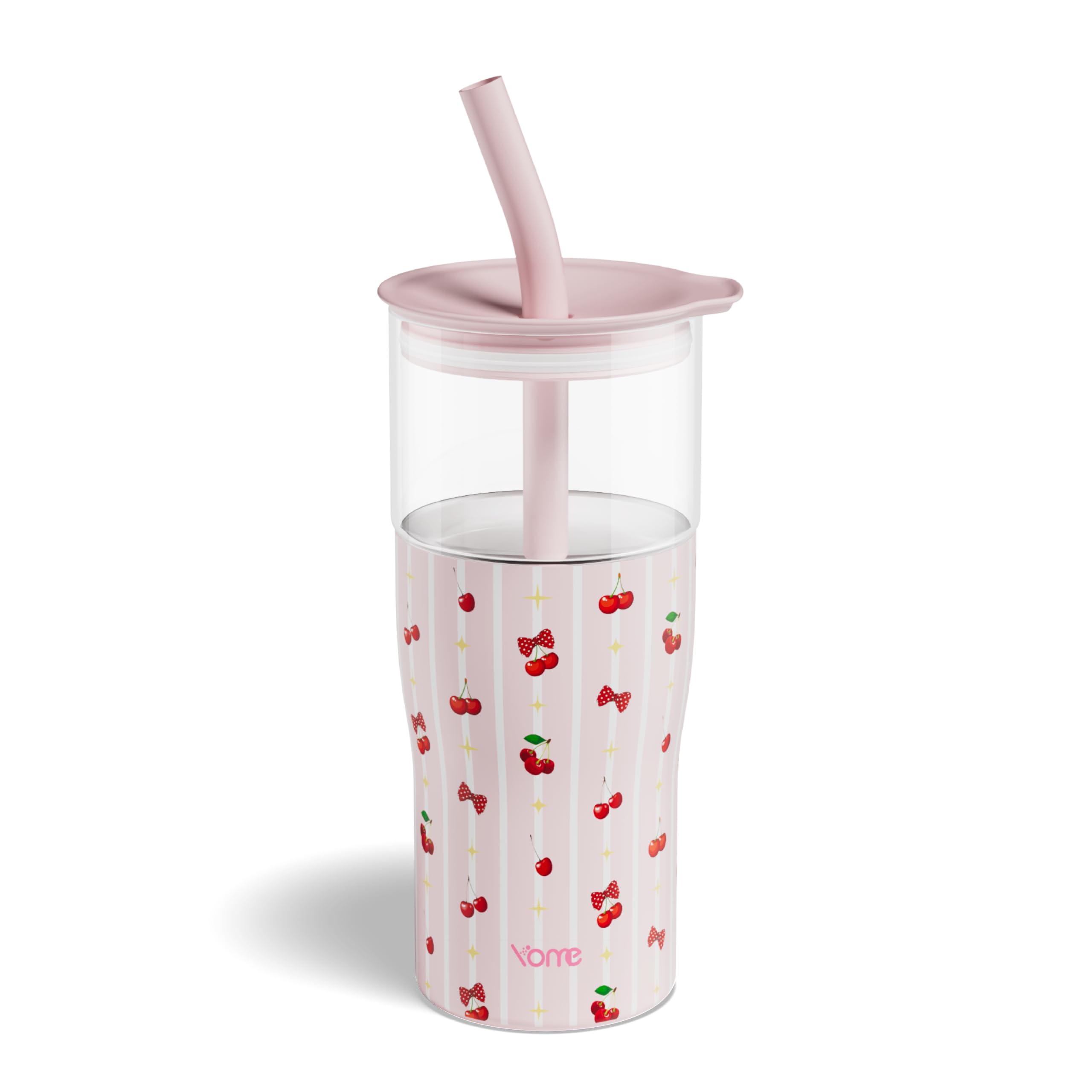YOME 20oz Stripe Cherry Pink Insulated Glass Tumbler with Lid &amp; Straw for Women Gift | Stainless Steel Iced Coffee Cup | Keep Drinks Cold |Cupholder Friendly |Ideal for Iced Coffee, Smoothies &amp; Boba