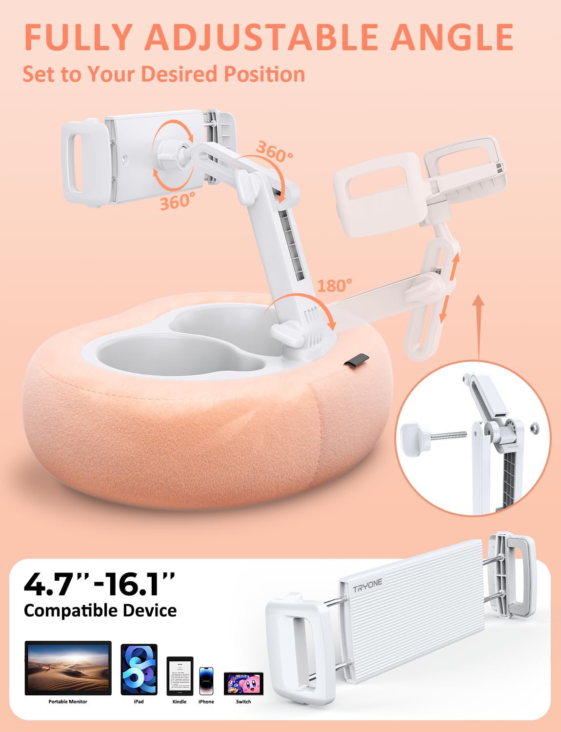 TRYONE für iPad Kissen Halter eReader Ständer mit 2 Abnehmbaren Tabletts & Plüschkissen, 360° Verstellbarer Tablet Halterung im Bett Tisch für Kindle/iPad/Ebook/Handy, Alle von 4.7-16.1 Zoll (Rosa)