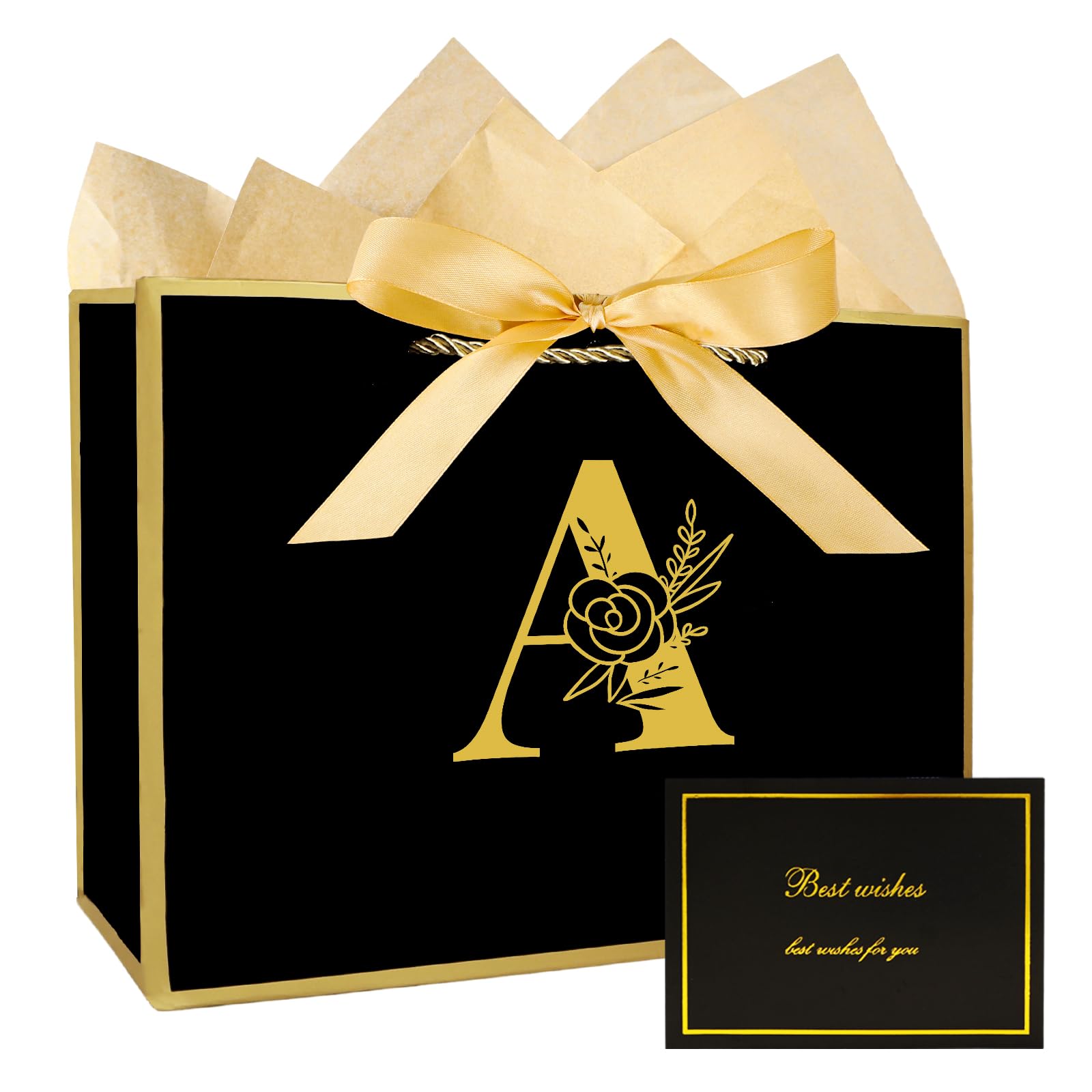JEKUGOT Birthday Gift Bag for Men Women, Black Medium Gift Bags for Presents, Personalized Gifts Bags for Baby Shower, Weddings and Girls Birthday Party with Wrapping Paper and Card (Black A)